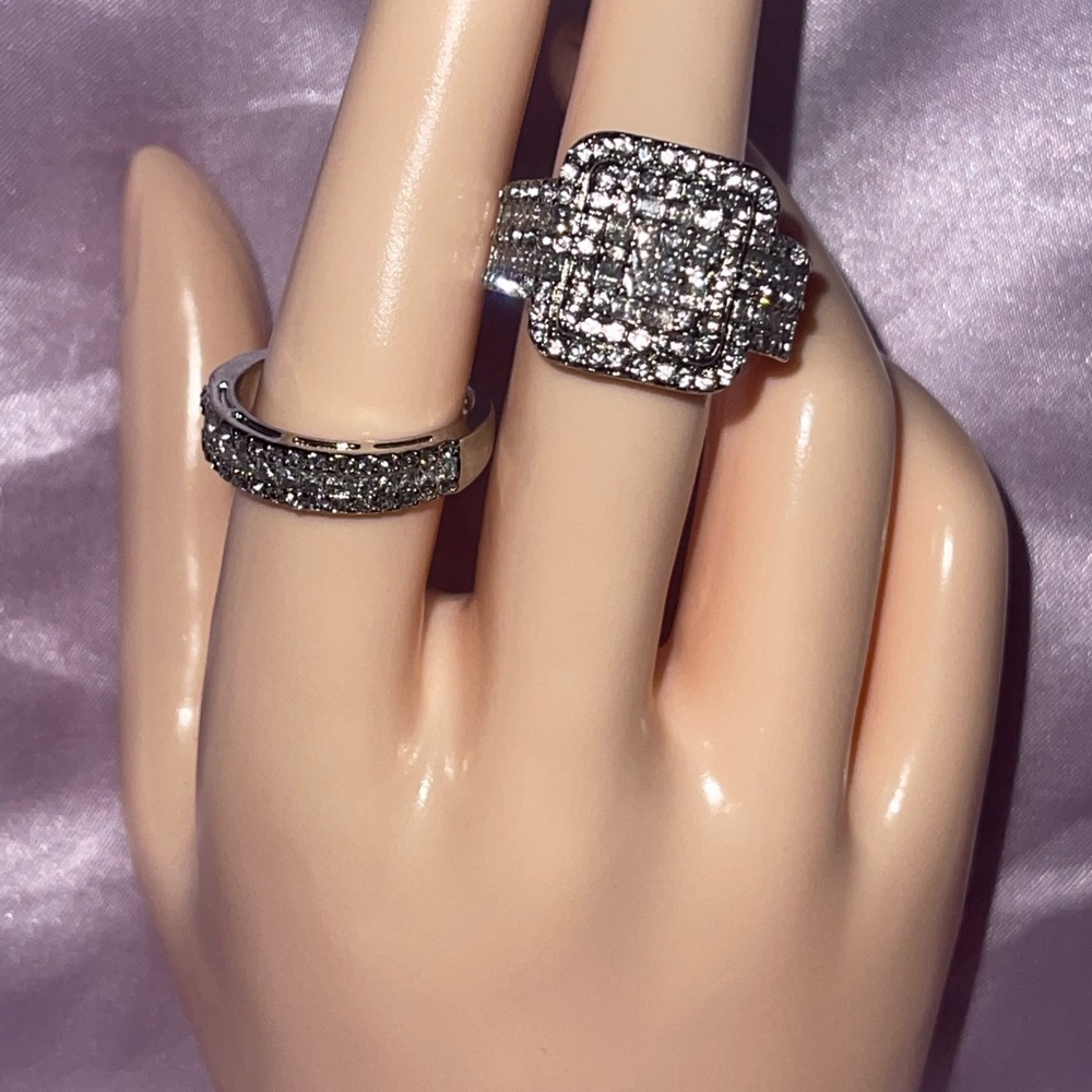 2pcs Wide Stacking Rings Silver Plated Inlaid Shining Zircon